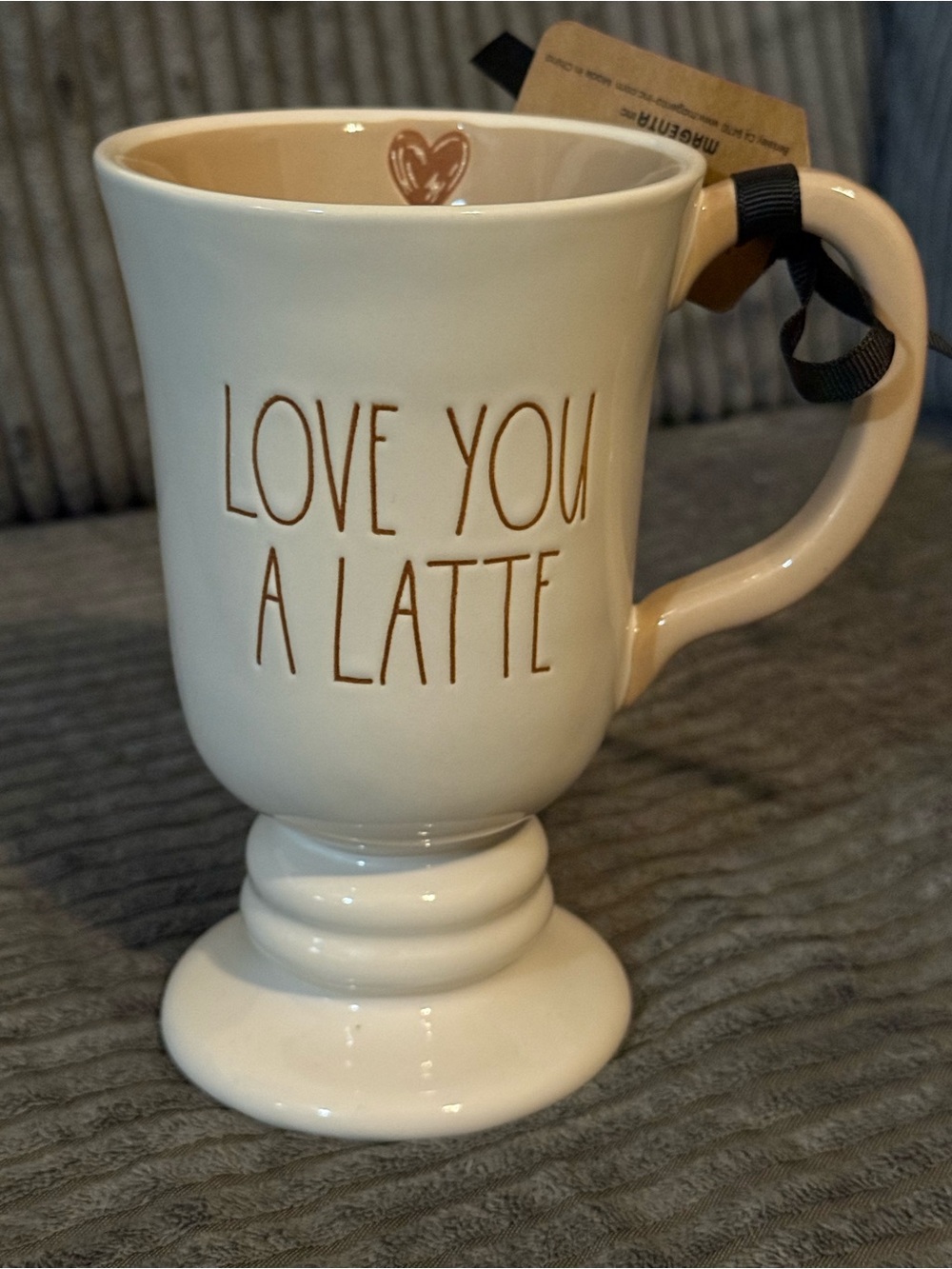 Rae Dunn Cream Pedestal Mug with Brown Details LOVE YOU A LATTE- NWT